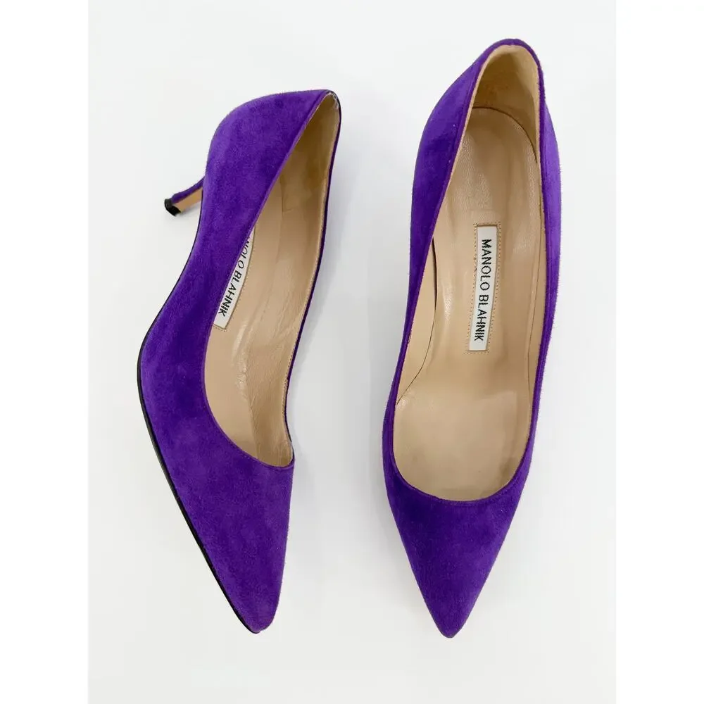 Manolo Blahnik BB Pumps Purple Suede Pointed Toe Low Kitten Heel Shoes 37